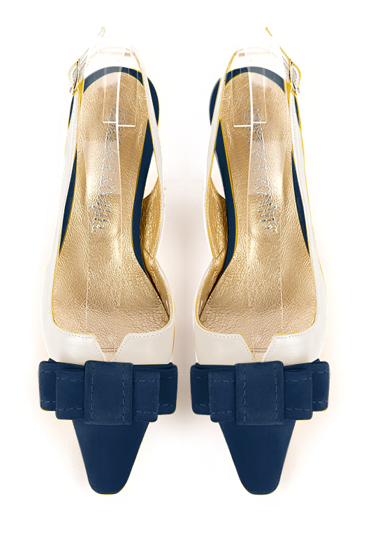Navy blue and off white women's open back shoes, with a knot. Tapered toe. Medium spool heels. Top view - Florence KOOIJMAN